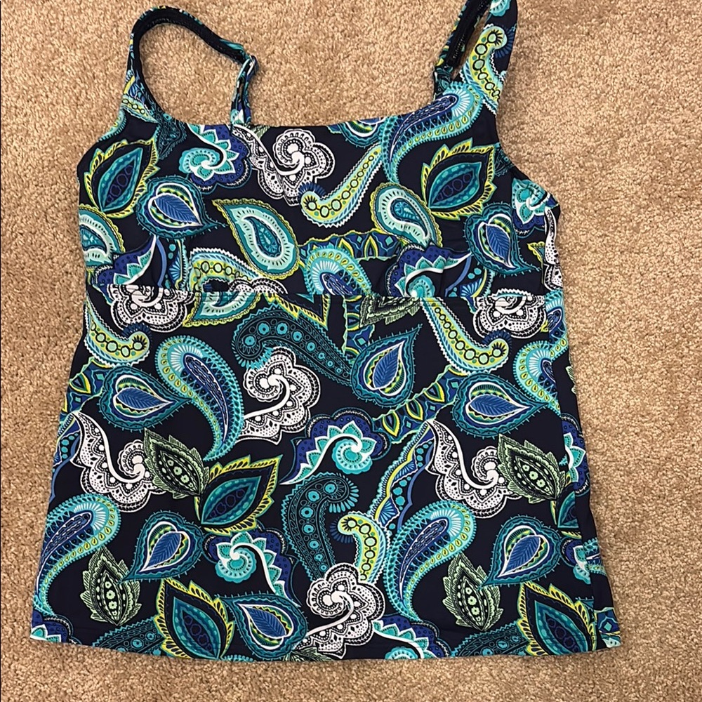 Lands' End Blue Green blue paisley tankini Swim 10 petite underwire